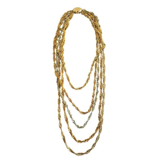 MULTI CHAIN MIXED METAL TWIST NECLACE 5 CHAINS BUCKLE CLASP - Picture 1 of 3